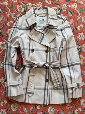 Coach Light Beige Plaid Double-Breasted Belted Trench Coat